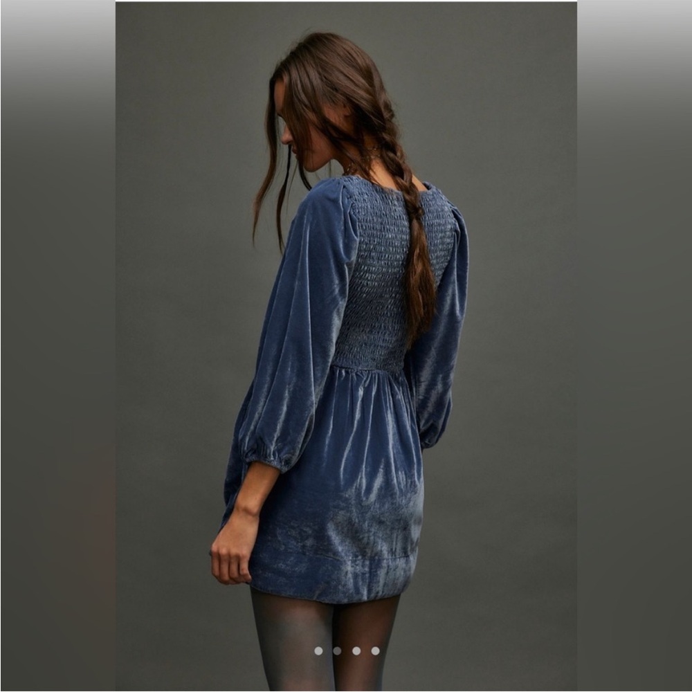 NWT Free People Farrier Harbour Blue Velvet Smocked Puff Sleeve Dress - Picture 2 of 7